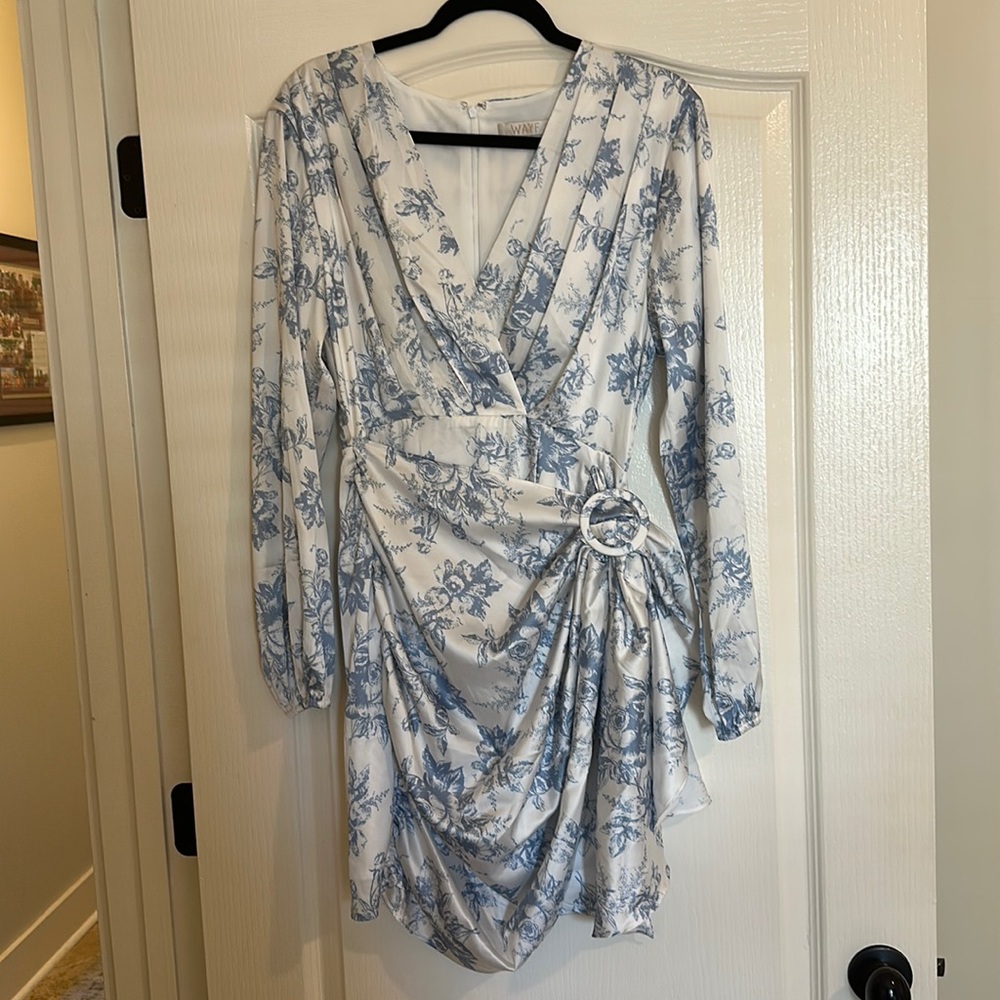 WAYF white/blue printed wrap dress.